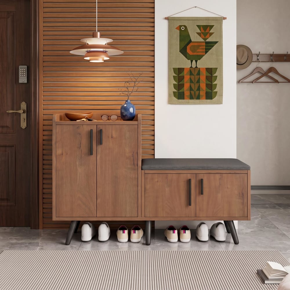 Schuhbank mit Holzmaserung, Schuhschrank, 4 Türen - Maisons Du