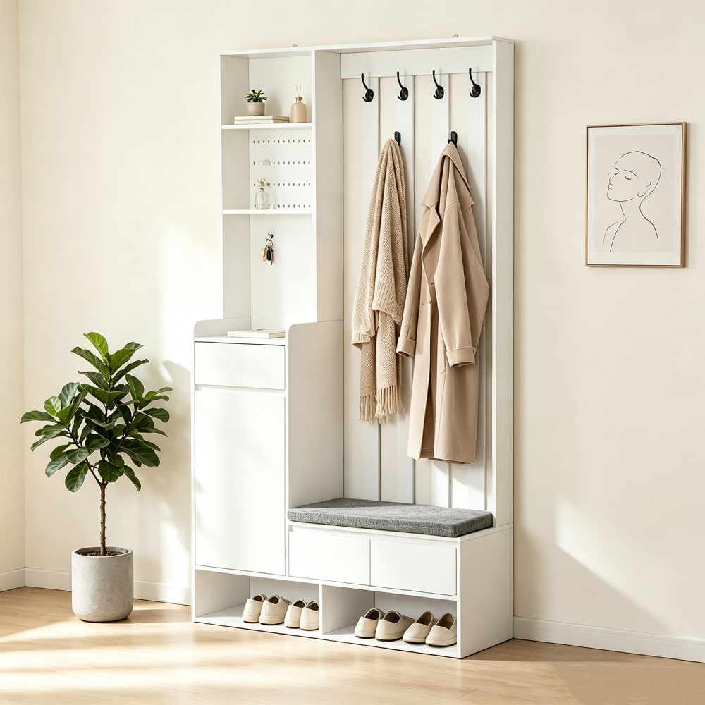 Garderobe mit gepolsterter Aufbewahrungsbank und Schuhschrank,