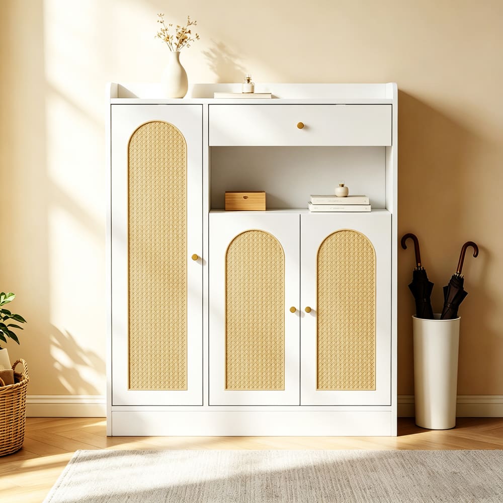 Rattan-Schuh-/Aufbewahrungsschrank, 1 Schublade, 3 Türen -