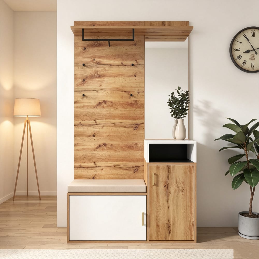 Garderoben-Set mit 4 Kleiderhaken, Spiegel, Schuhschrank,