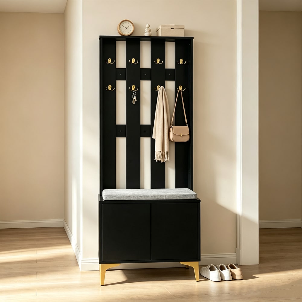 Flur-Set mit Schuhbank und Kissen, Garderobenpaneel mit Haken -