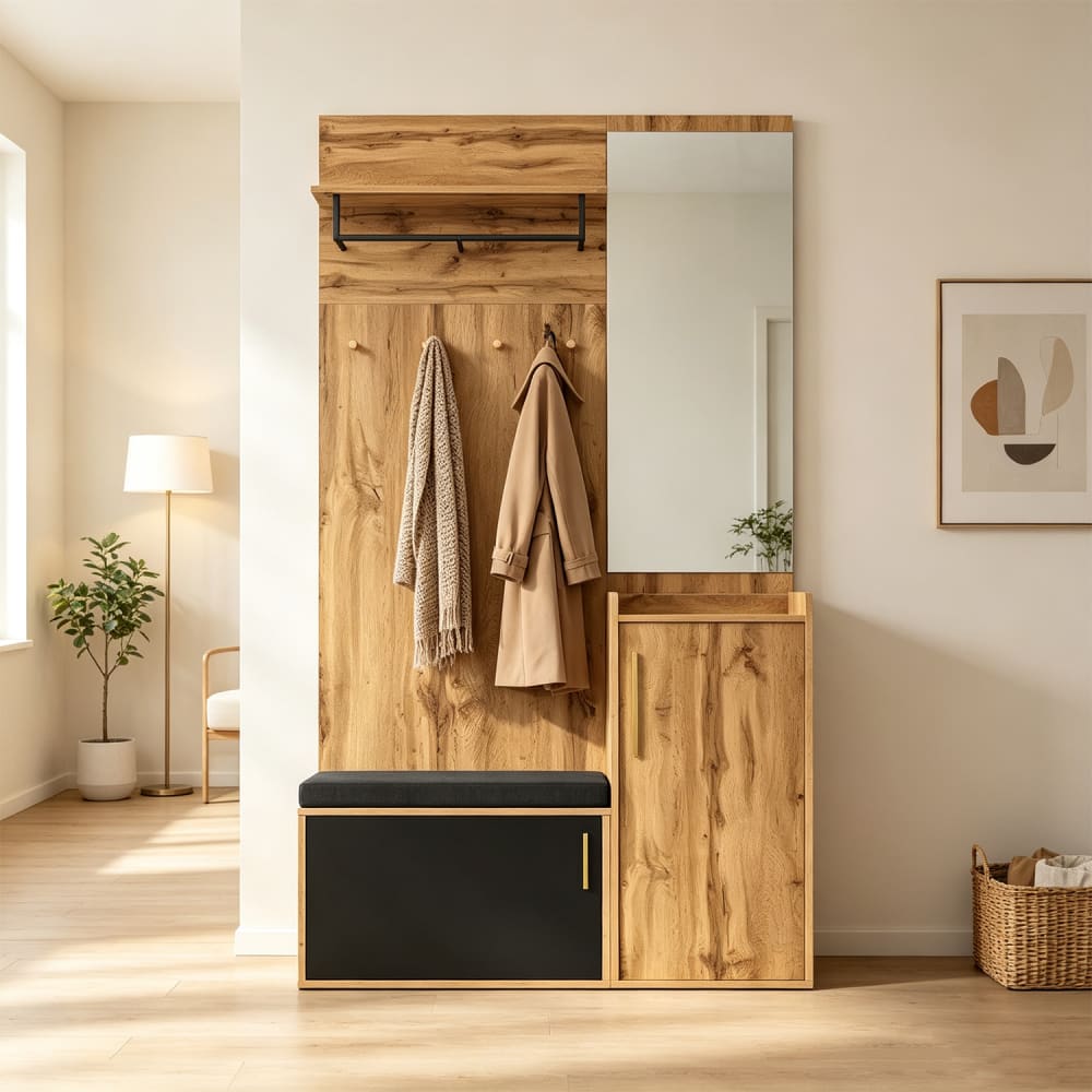 Garderobe mit Spiegel und Bank, Schrank mit Schuhregal und Haken