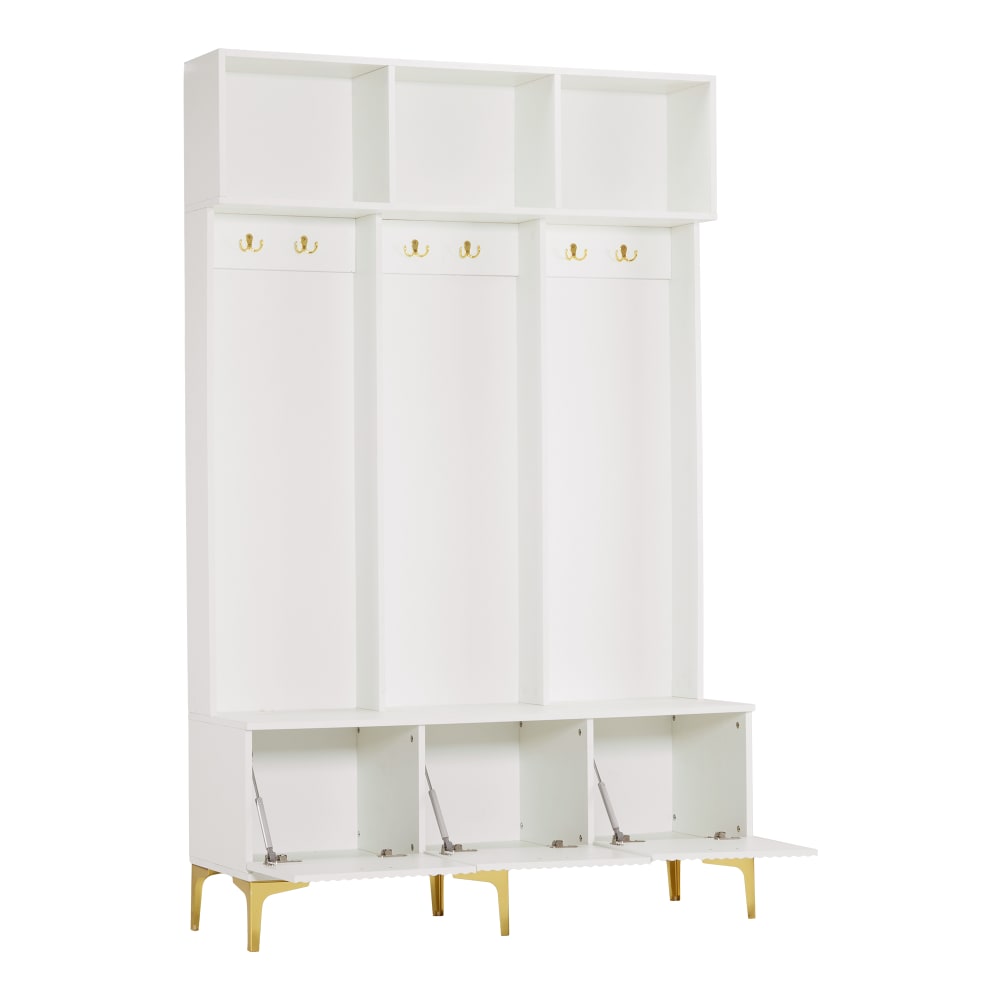 Ensemble entrée avec banc rangement, 6 crochets et pieds dorés,blanc Ensemble entrée avec banc rangement, 6 crochets et pieds dorés,blanc
