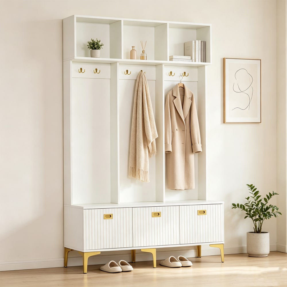 Flur-Set mit Aufbewahrungsbank, 6 Goldhaken und -beinen, weiß -