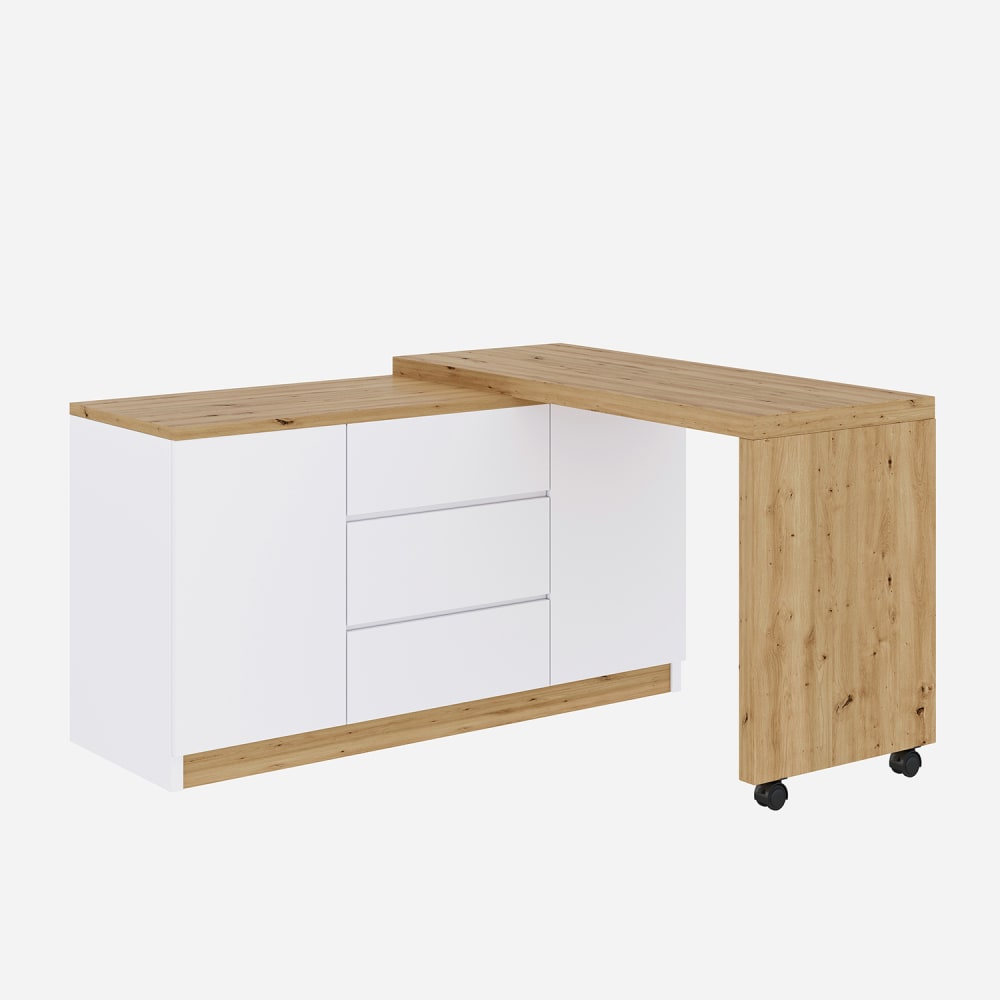 Bureau d'angle avec roulettes blocables, plateau pivotant 4 cm