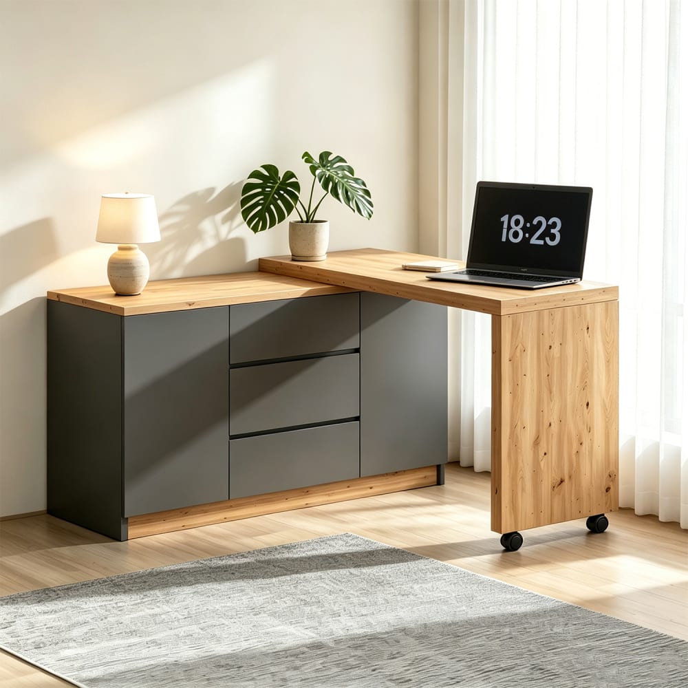 Bureau d'angle avec roulettes blocables, plateau pivotant 4 cm