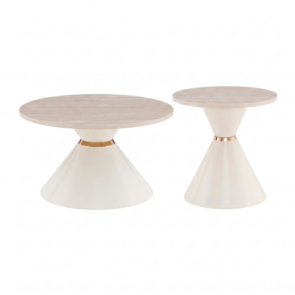 Lot de 2 tables basses gigognes, plateau effet travertin, base métal Lot de 2 tables basses gigognes, plateau effet travertin, base métal