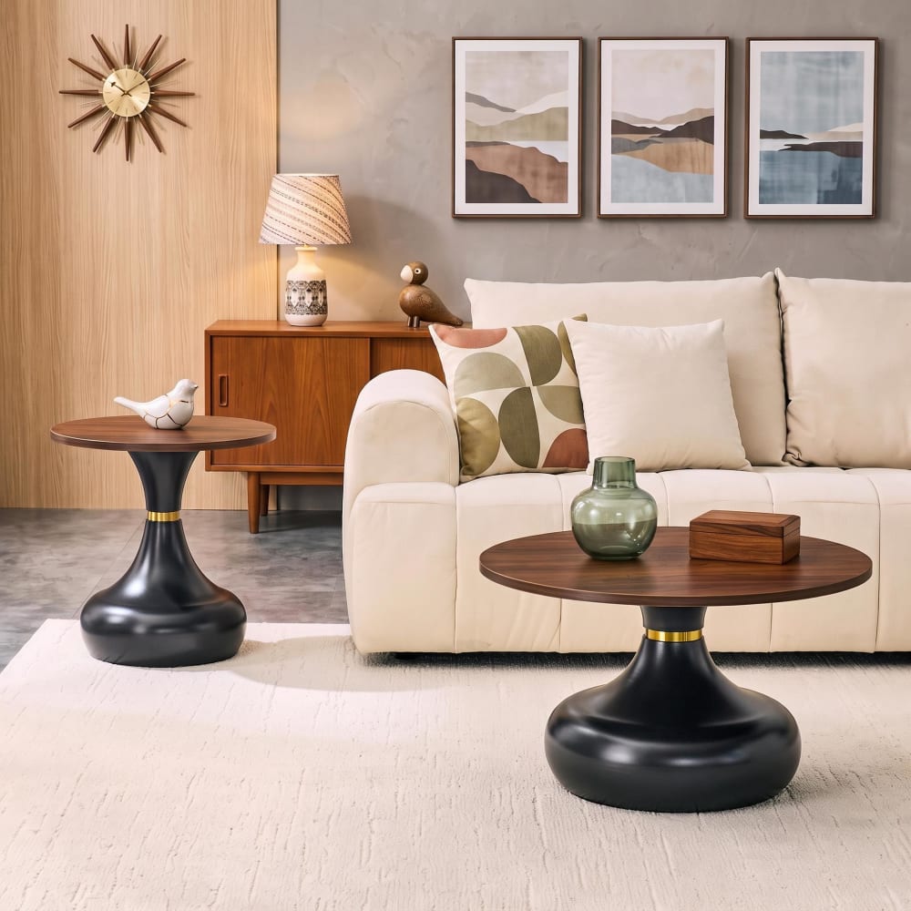 2er-Set runde Sanduhr-Couchtische, Holzmaserungsplatte - Maisons