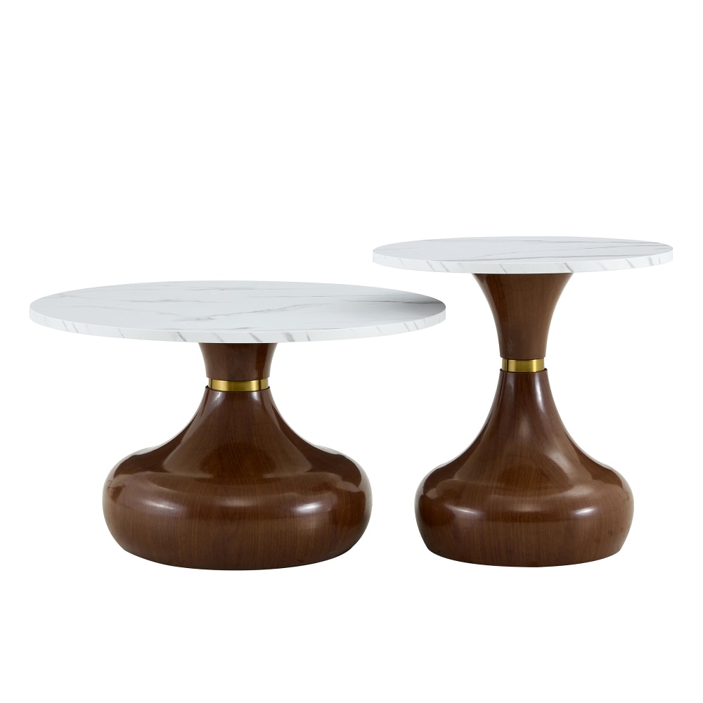 Lot de 2 tables basses avec plateau effet marbre et base effet noyer
