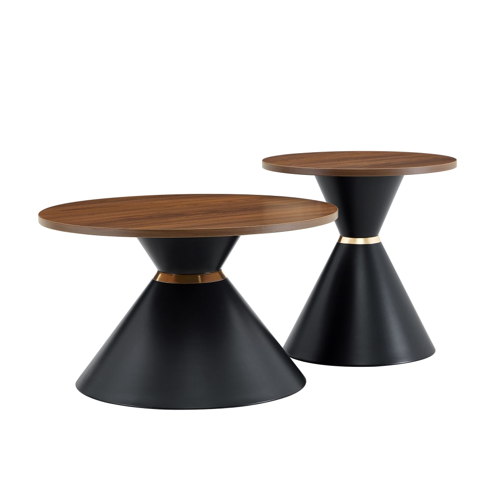 Lot de 2 tables basses finition noyer avec base métal noir Lot de 2 tables basses finition noyer avec base métal noir