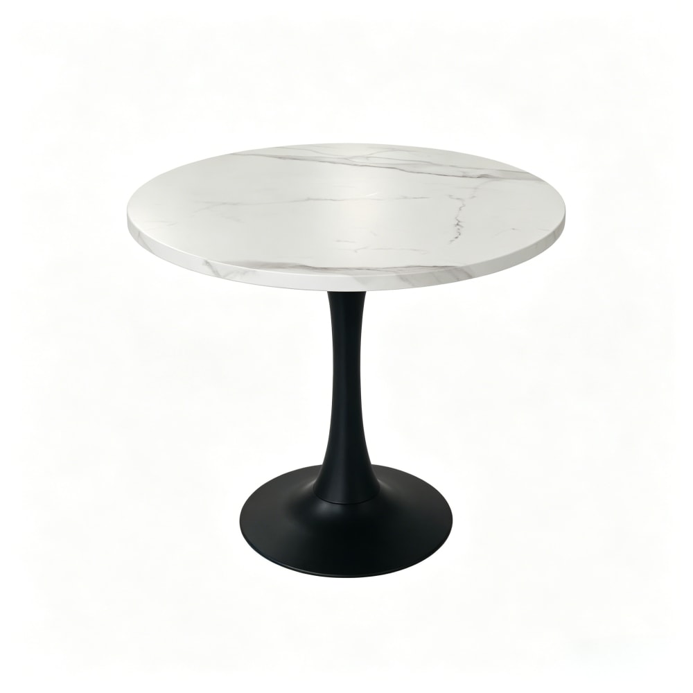 Table ronde 80 cm avec plateau bois effet marbre et base métal