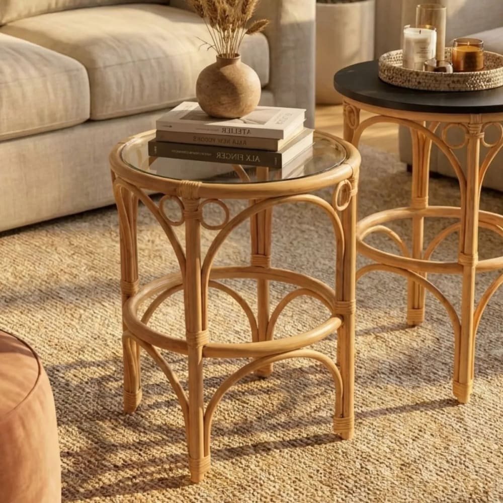 Table basse rotin plateau verre