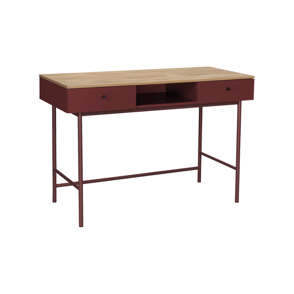 Bureau décor bois et fer 2 tiroirs 1 casier bordeaux Bureau décor bois et fer 2 tiroirs 1 casier bordeaux