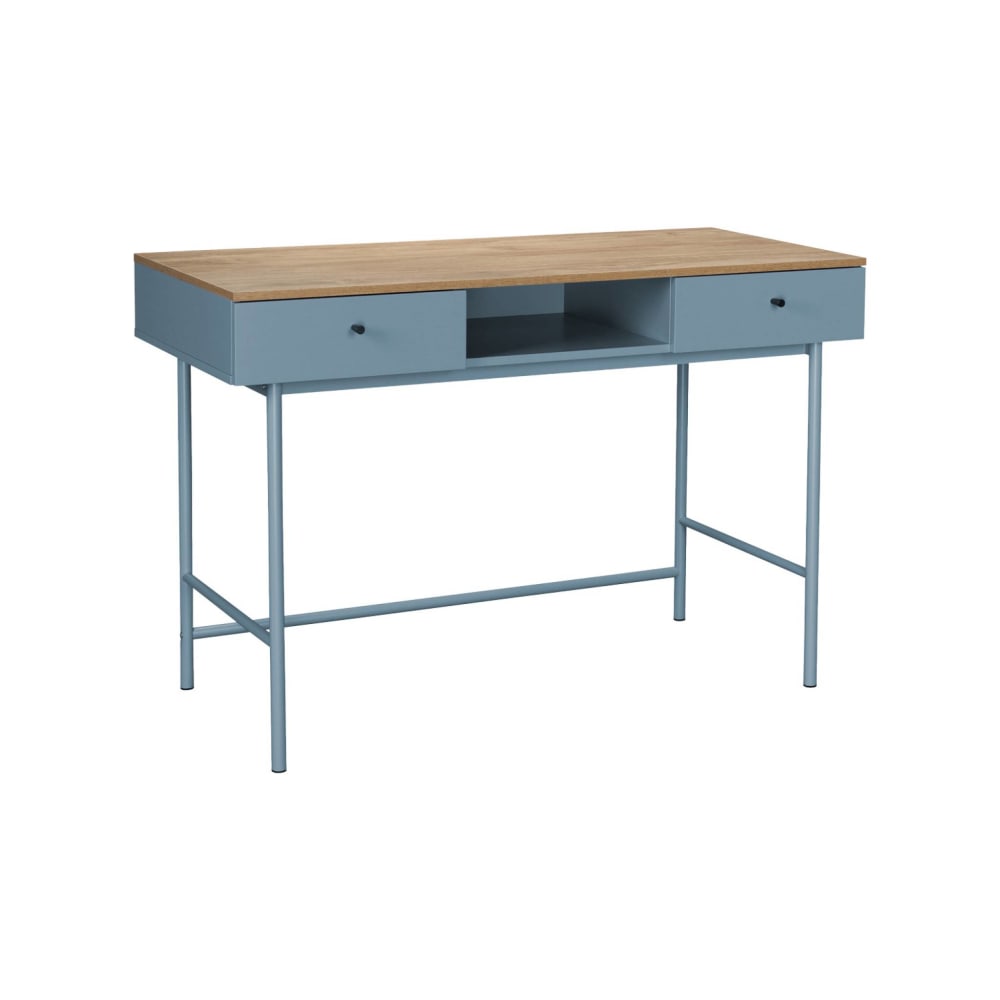 Bureau décor bois et fer 2 tiroirs 1 casier bleu Bureau décor bois et fer 2 tiroirs 1 casier bleu