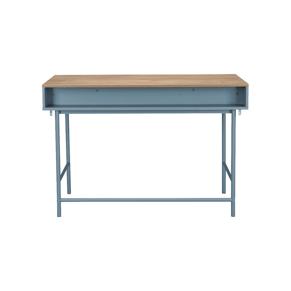 Bureau décor bois et fer 2 tiroirs 1 casier bleu