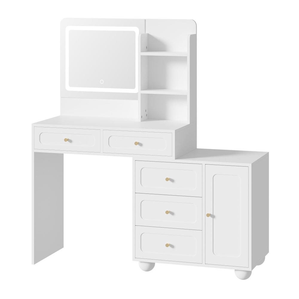 Coiffeuse moderne blanche avec miroir led 3 modes, 5 tiroirs, 1 porte