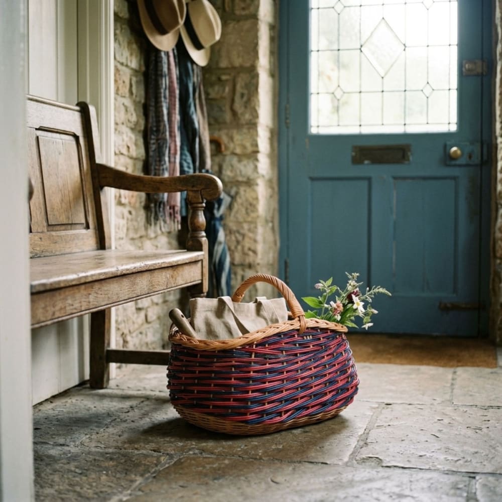 Panier tressé osier marron bleu et rose