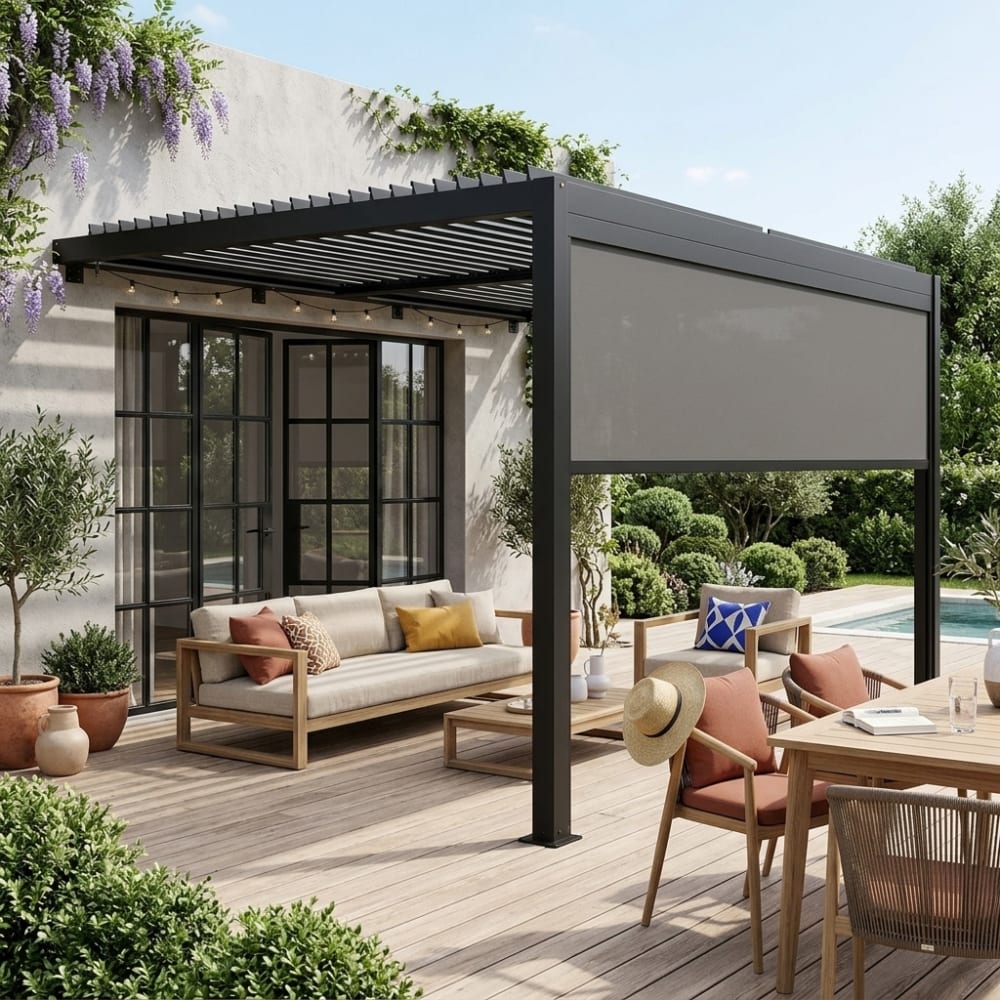 sweeek Wand Pergola Palace 3x4m schwarz + 1 Markise 4m - Aluminium