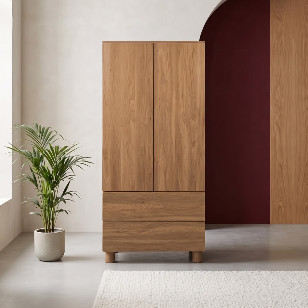 Armoire décor bois 2 portes 2 tiroirs penderie bois de noisetier