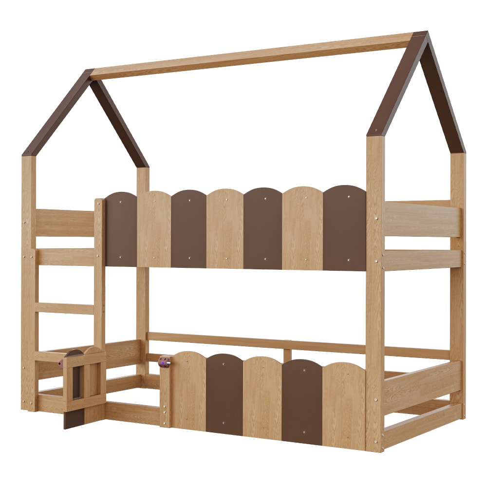 Lit superposé cabane bois barrières naturel 90x200 cm