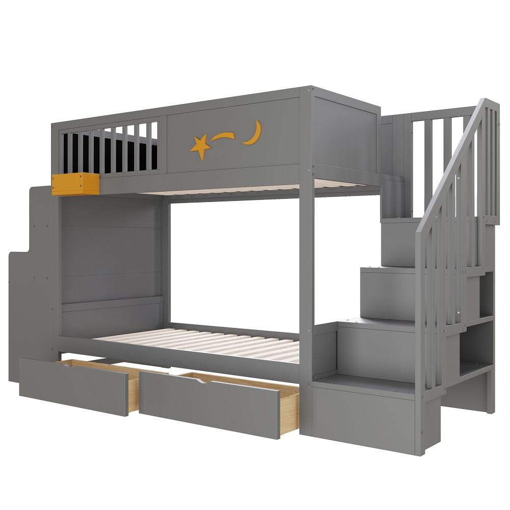 Lit superposé bois bureau tiroirs étoiles gris 90x200 cm