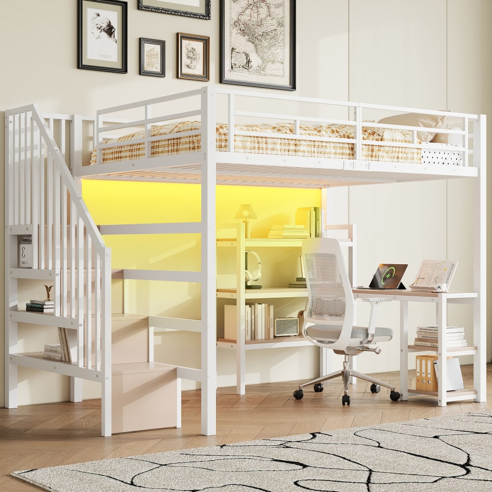 Kinderhochbett aus Eisen mit Schreibtisch und LED weiß 140 x 200