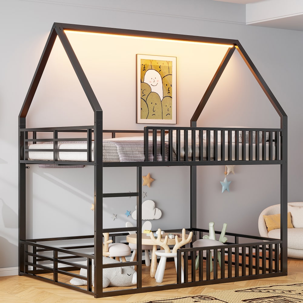 Haus Etagenbett aus Eisen mit LED Schwarz 140x200 cm - Maisons Du
