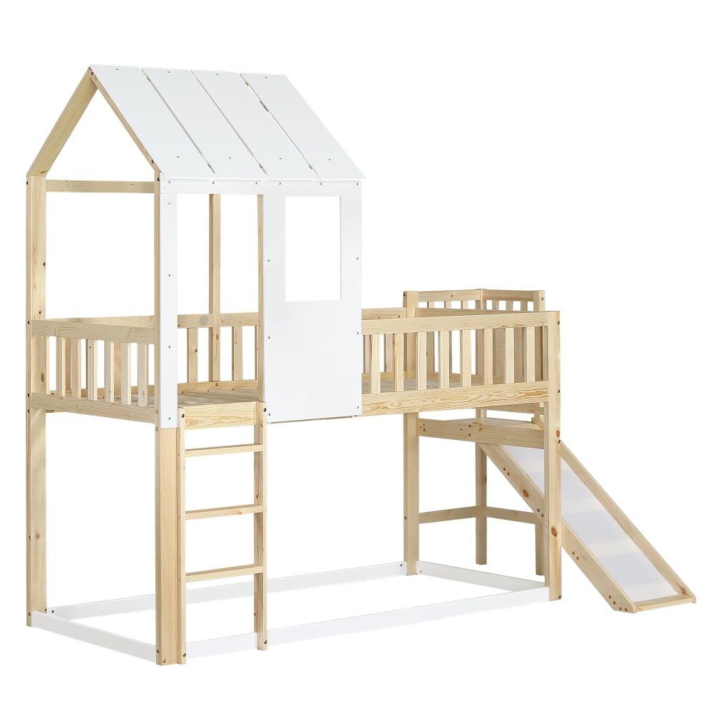 Lit superposé cabane pin toboggan naturel blanc 90x200 cm