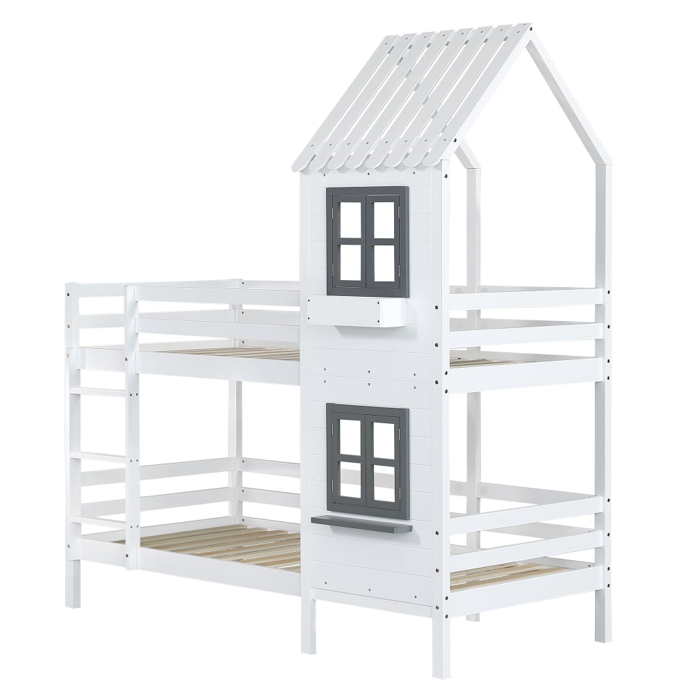 Lit superposé maison fenêtres escalier blanc gris 90x200 cm