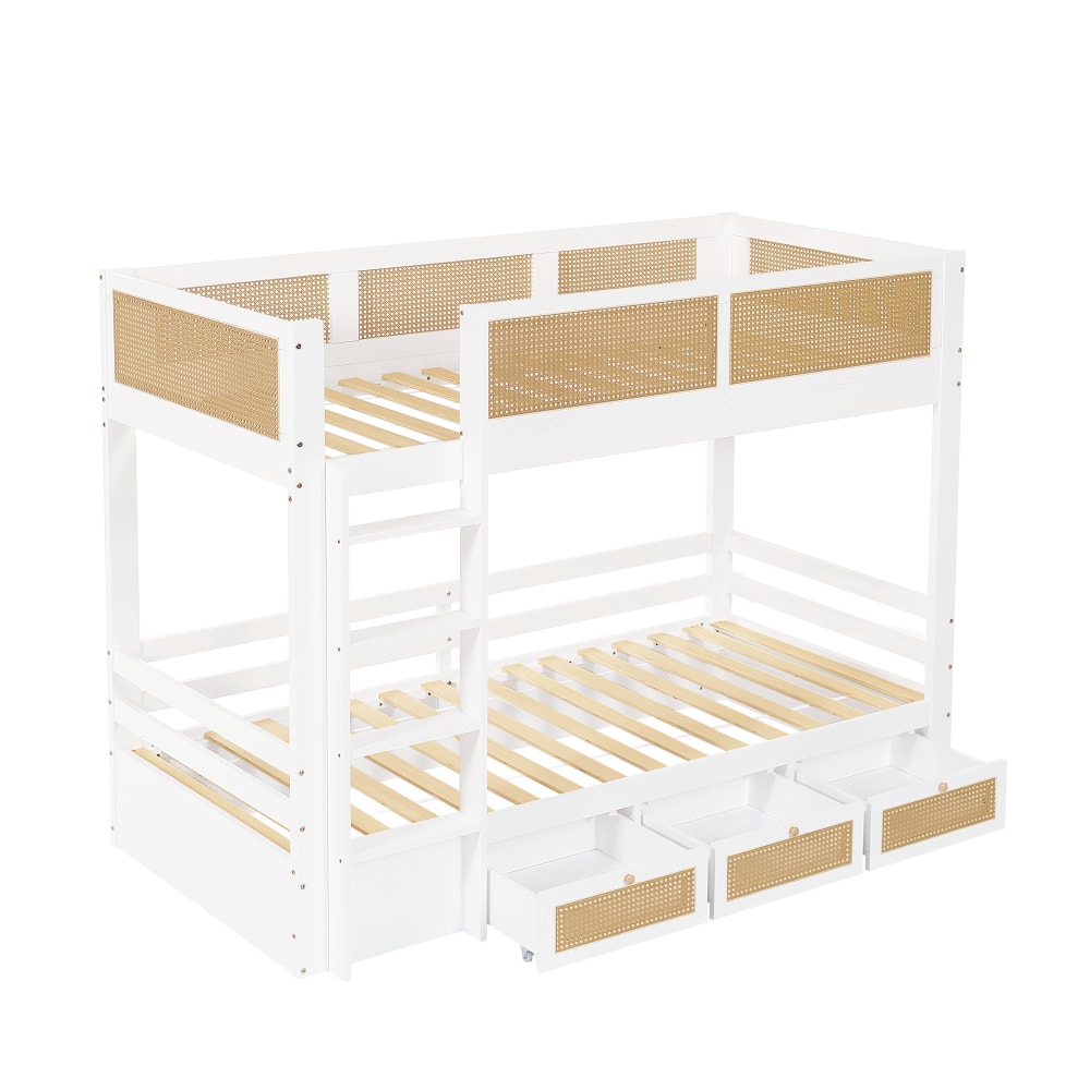 Lit superposé enfants rotin tiroirs blanc naturel 90x200 cm