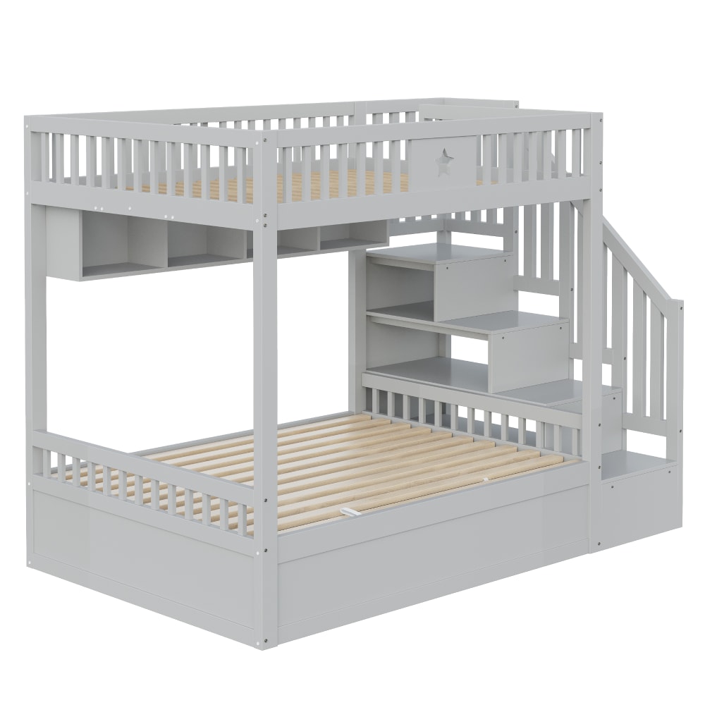 Lit superposé bois rangement hydraulique gris 140x200 cm