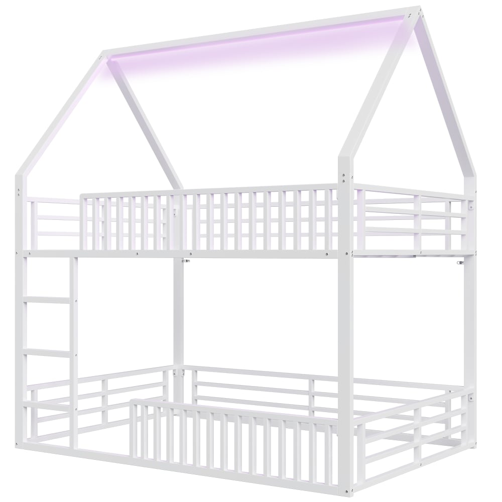 ComfortXL Haus Etagenbett aus Eisen mit LED Weiß 140x200 cm WEISS STAHL Baby