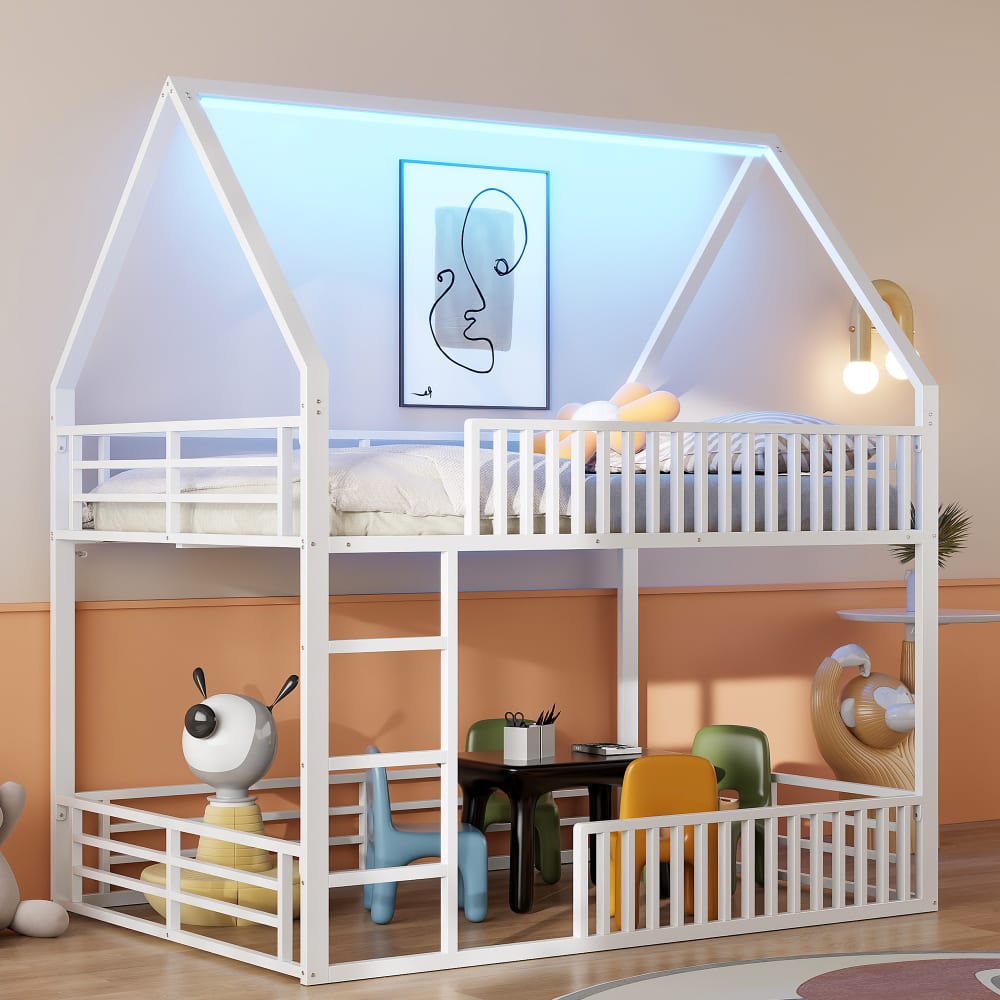Haus Etagenbett aus Eisen mit LED Weiß 140x200 cm - Maisons Du