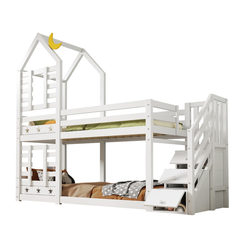 ComfortXL Haus Etagenbett mit Stauraum Weiß 90x200 cm WEISS HOLZ Baby
