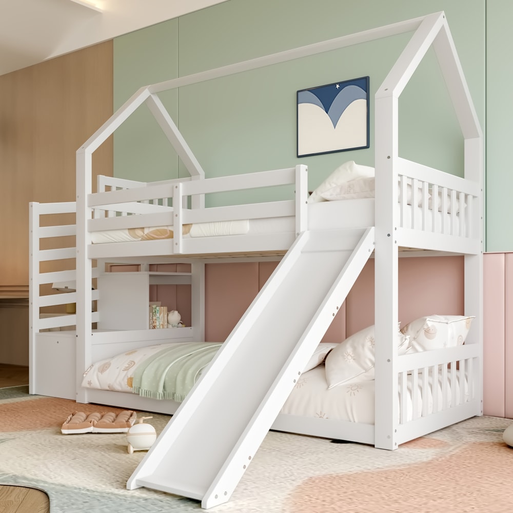Haus Etagenbett mit Stauraumtreppe und Rutsche Weiß 90x200 cm -