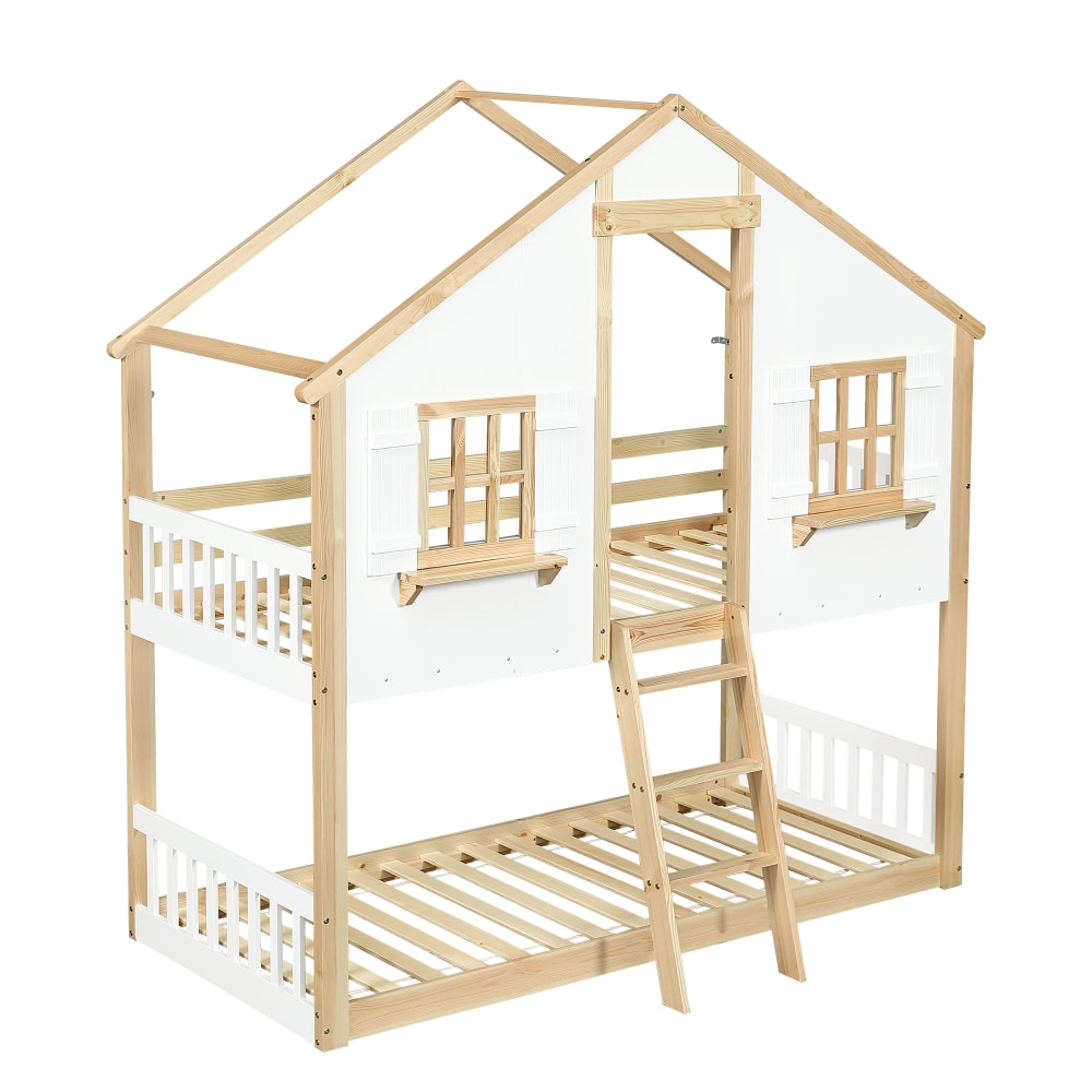 ComfortXL Kinder Etagenbett Haus Fenster weiß natur 90x200 cm Holz Baby