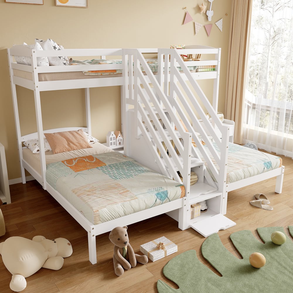 Dreifach Etagenbett mit Stauraumtreppe Weiß 90x200 cm - Maisons