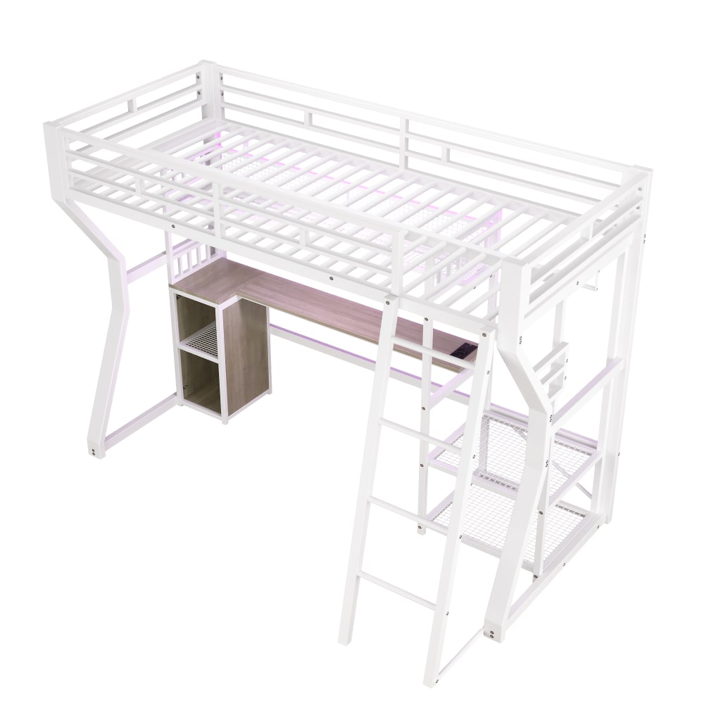 Lit mezzanine fer bureau rangement led blanc 90x200 cm