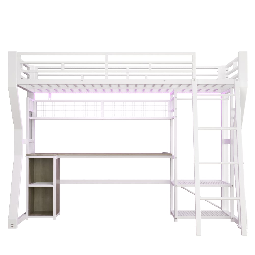 Hochbett Eisen Büro Stauraum led Weiß 90x200 cm - Maisons Du