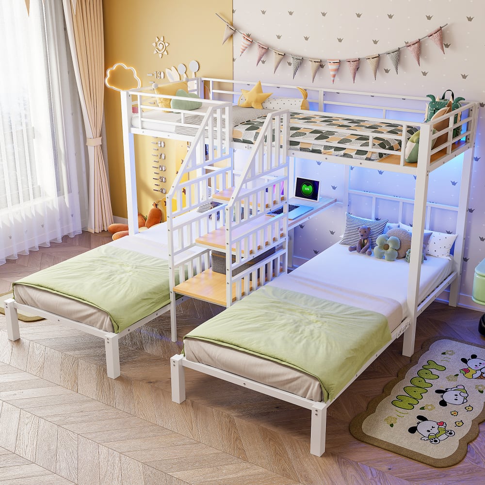 Dreifaches Etagenbett Eisen Schreibtisch LED Weiß 90x200 cm -