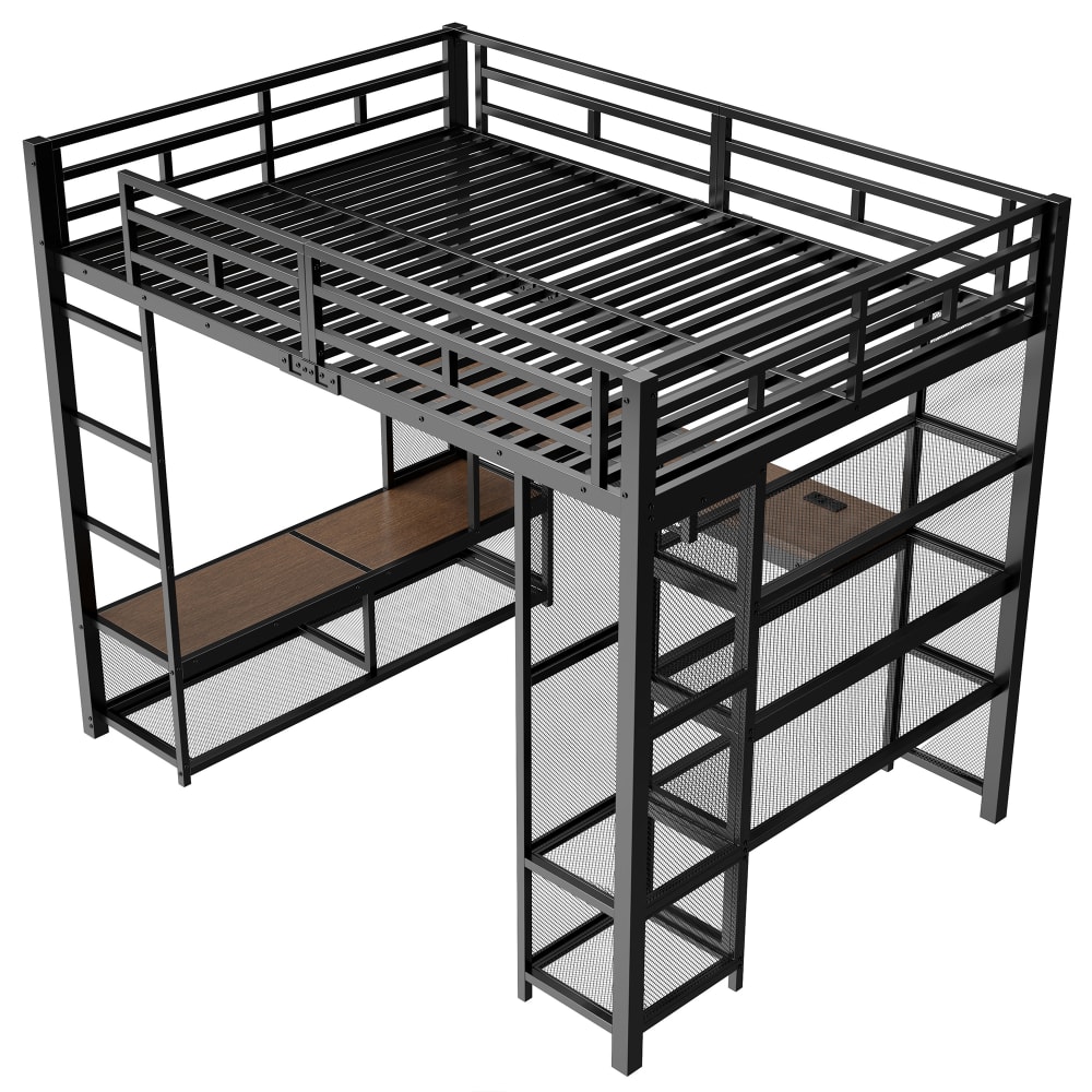 Lit mezzanine en fer bureau armoire led noir 140x200 cm
