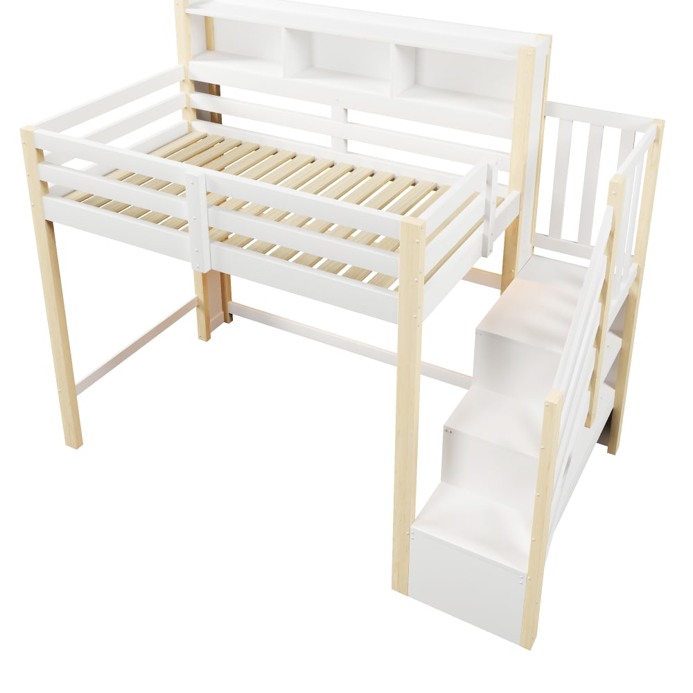 ComfortXL Hochbett mit Stauraum led Weiß Natur 90x200 cm BRAUN HOLZ Baby