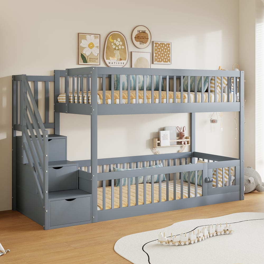 Etagenbett mit Stauraumtreppe Grau 90x200 cm - Maisons Du Monde