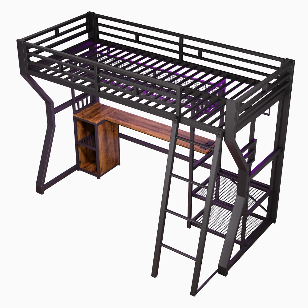 Lit mezzanine enfant en fer avec bureau et led noir 90 x 200 cm