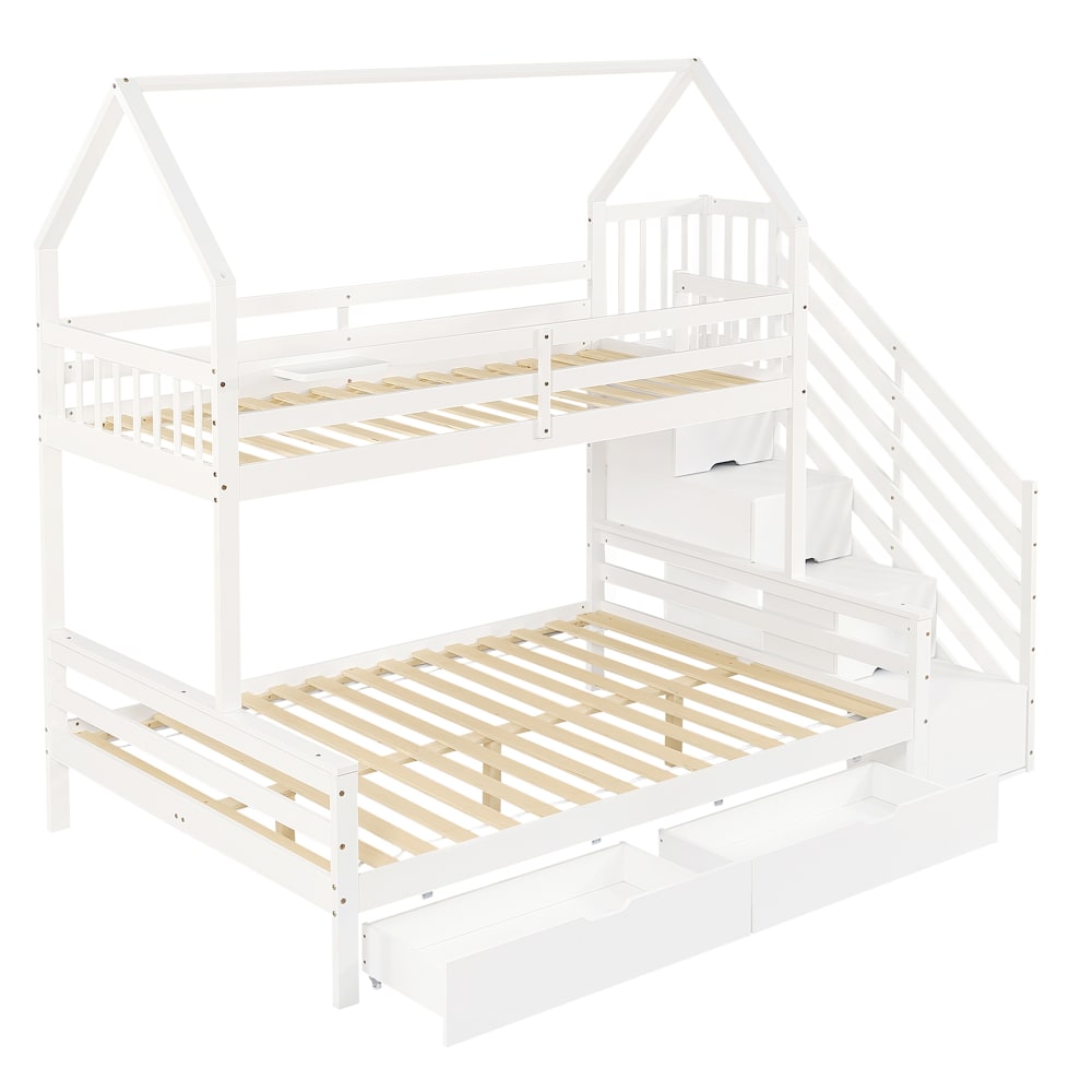 Lit superposé toit escalier tiroirs blanc 90x200 140x200 cm