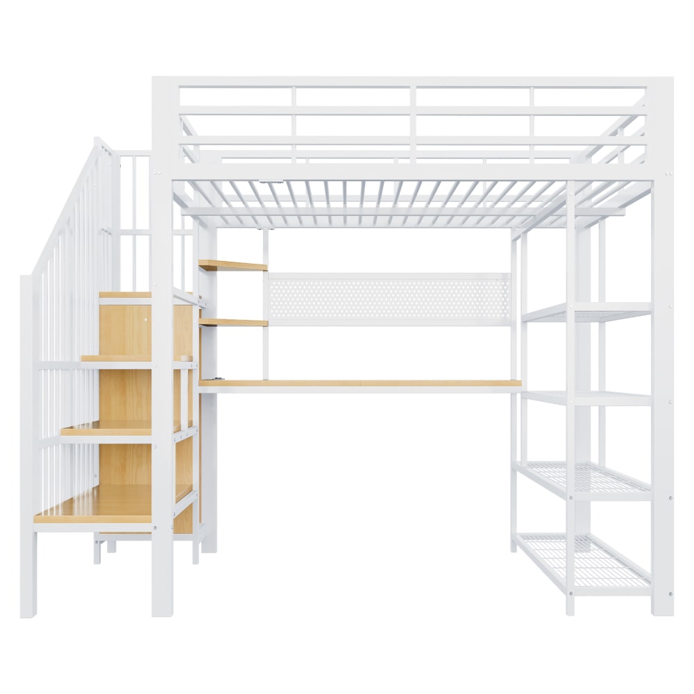 Hochbett Eisen Büro Steckdosen led Weiß 140x200 cm - Maisons Du