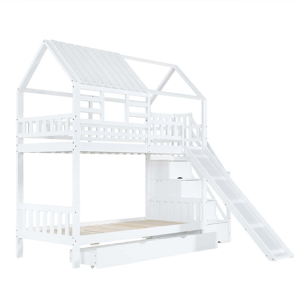 Haus Etagenbett mit Rutsche und Stauraum Weiß 90x200 cm - Maisons