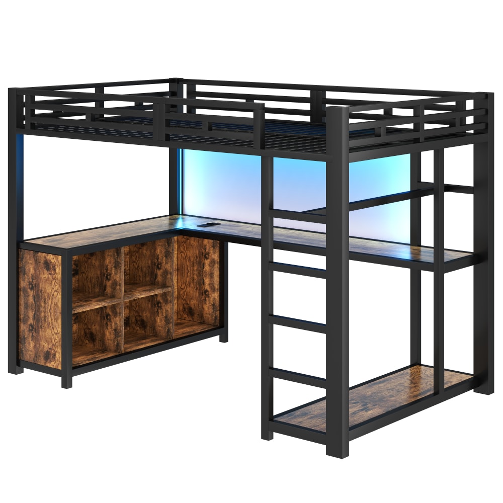 Lit mezzanine enfant en fer avec bureau et led noir 140 x 200 cm