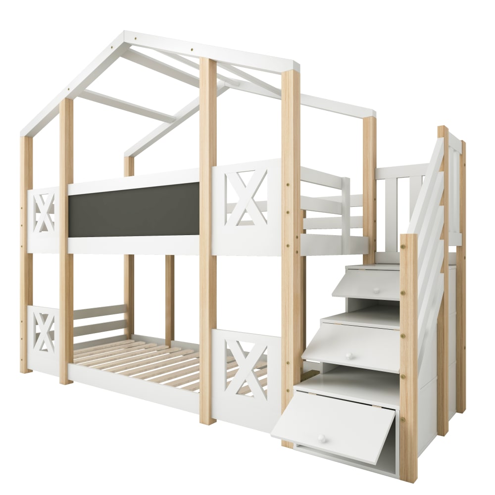 Lit superposé cabane rangement tableau blanc naturel 90x200 cm