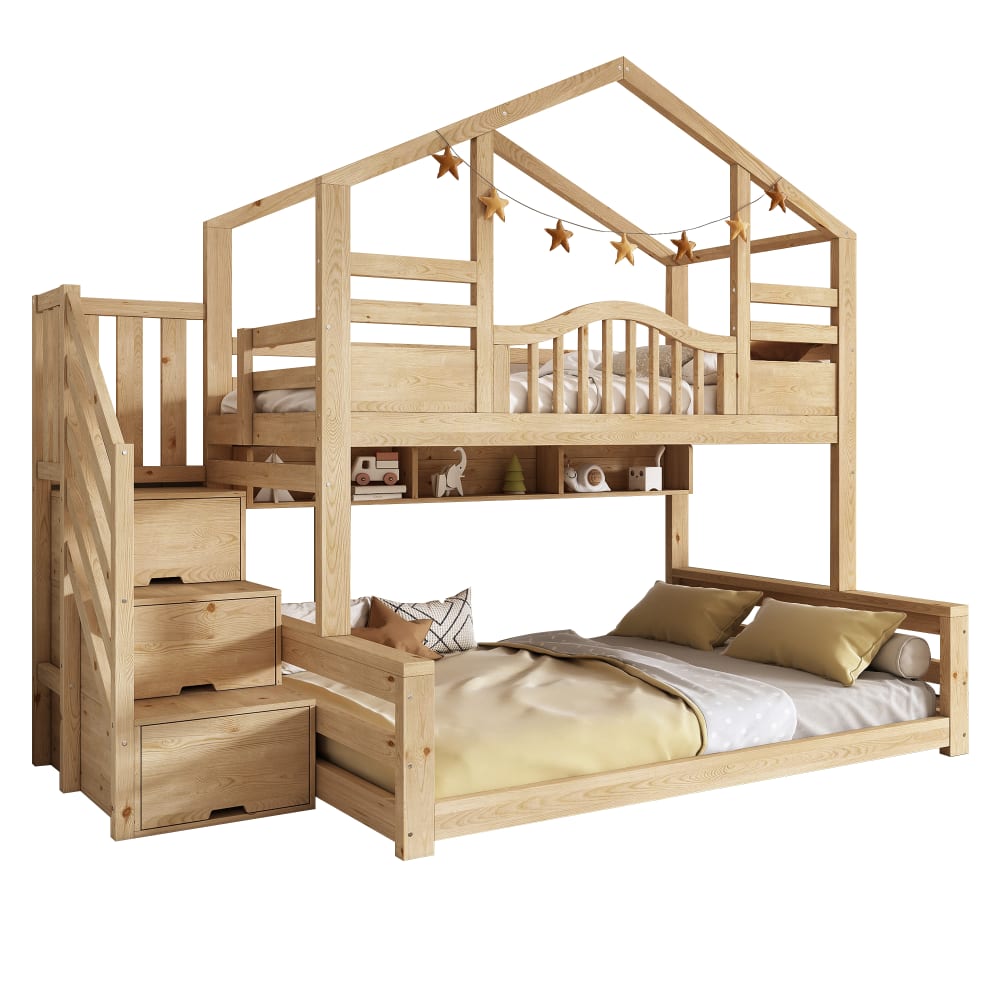 Lit superposé cabane pin escalier naturel 90x200 cm 140x200 cm